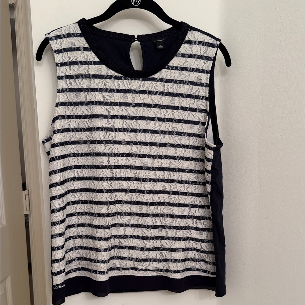 Ann Taylor Navy and White Striped Lace Shell Tank